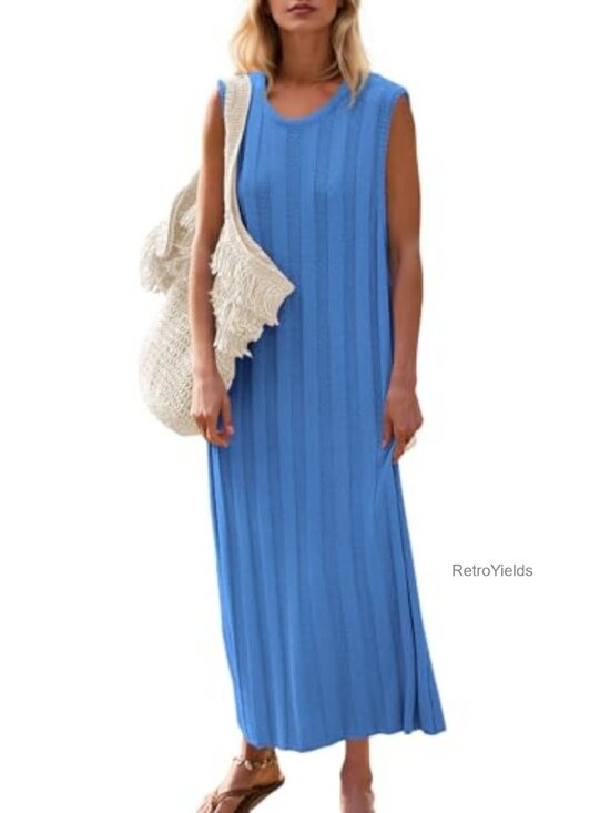 Dresses & Skirts - Sleeveless Ribbed Knit Tank Maxi Dress Scoop Neck Summer Casual